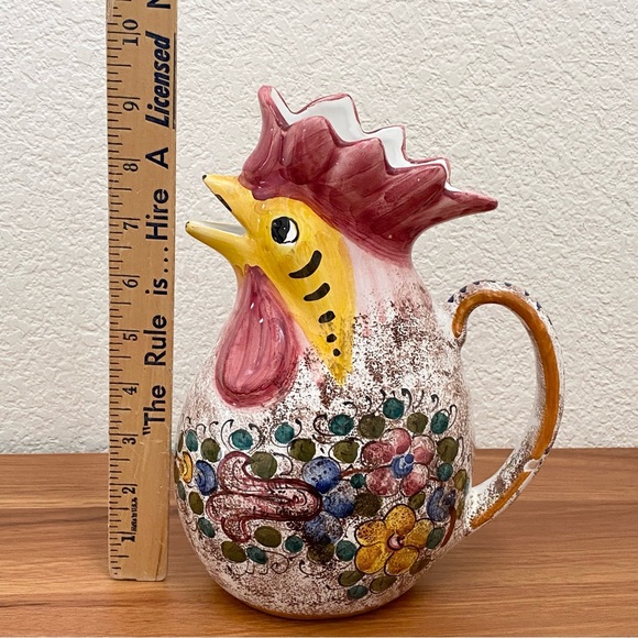 Vintage M.G.P. DERUTA Italy Handpainted Ceramic Rooster Chicken 9” Pitcher - Picture 6 of 16